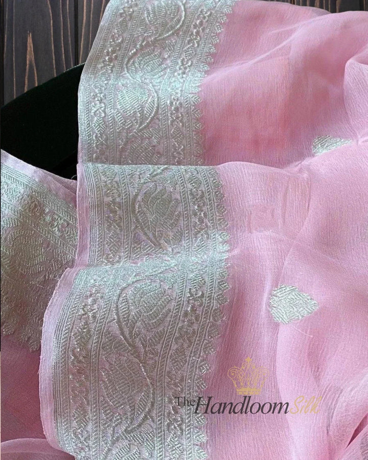 Baby Pink Pure Georgette Silver Zari Banarasi Saree - The Handloom Silk