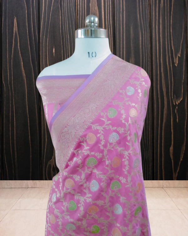 Baby Pink Pure Katan Handloom Silk - All over Jaal Work With Meenakari Banarasi Saree - The Handloom Silk