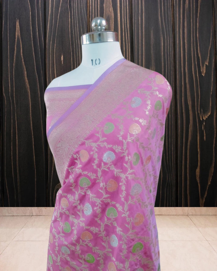 Baby Pink Pure Katan Handloom Silk - All over Jaal Work With Meenakari Banarasi Saree - The Handloom Silk