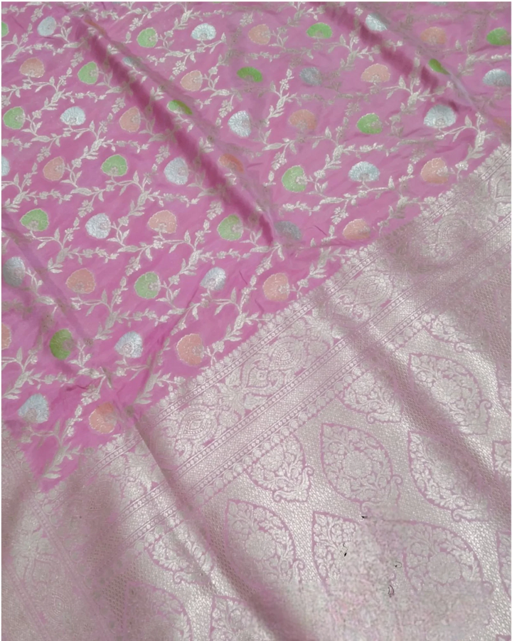 Baby Pink Pure Katan Handloom Silk - All over Jaal Work With Meenakari Banarasi Saree - The Handloom Silk