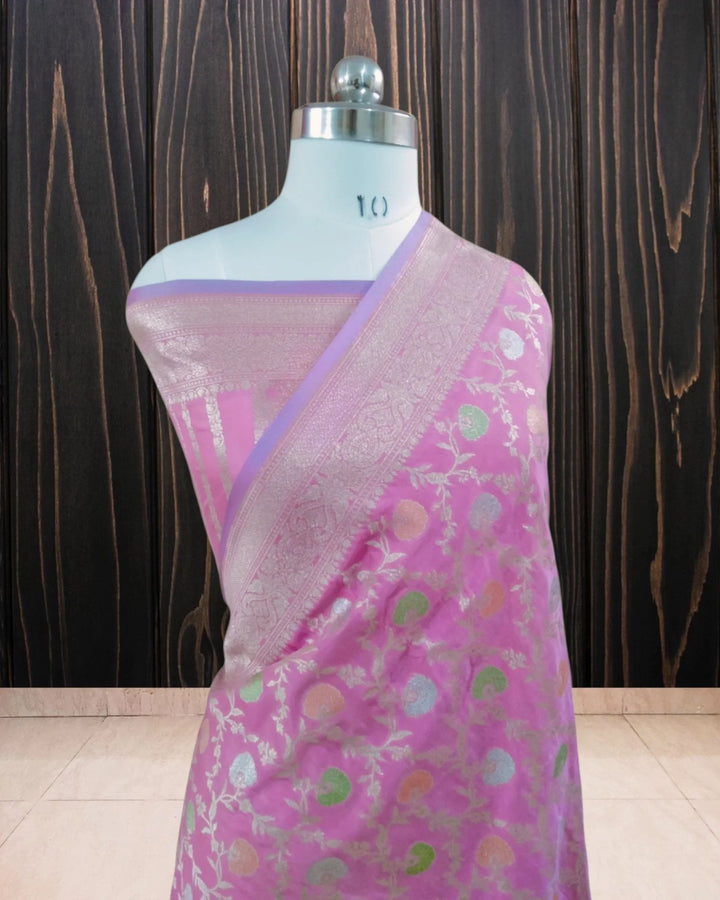 Baby Pink Pure Katan Handloom Silk - All over Jaal Work With Meenakari Banarasi Saree - The Handloom Silk