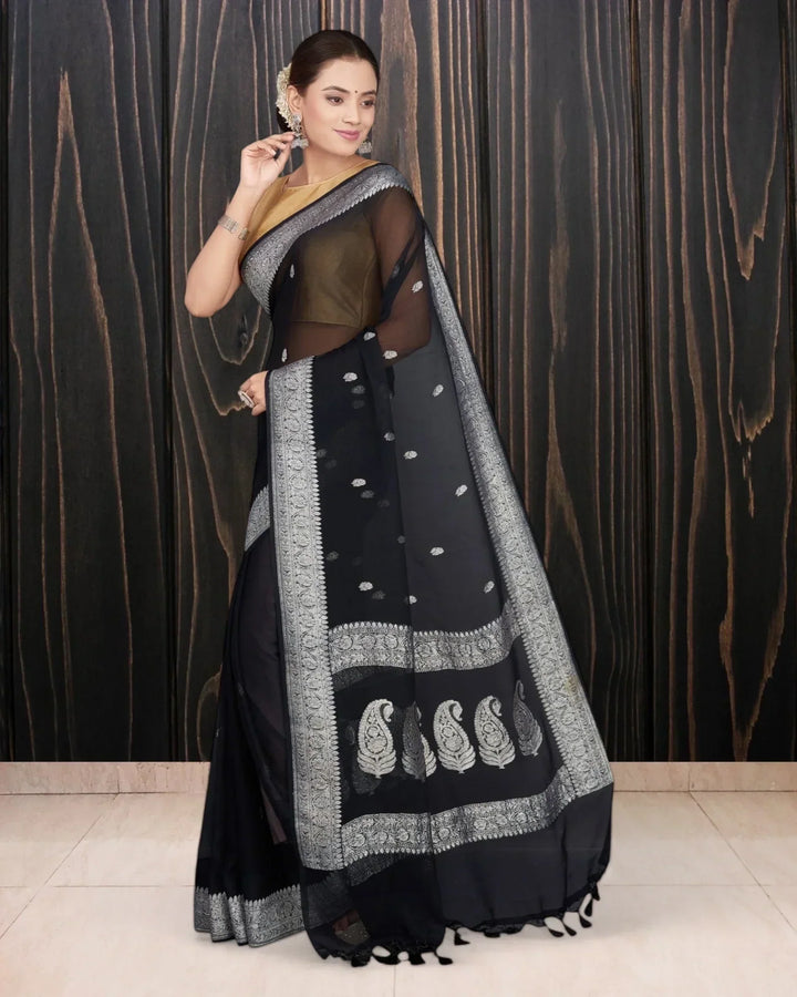 Black Georgette Handloom Saree - The Handloom Silk