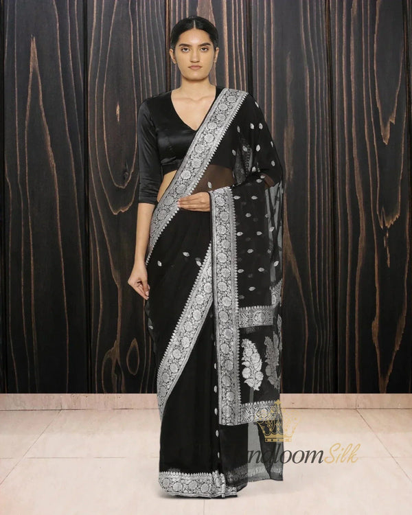 Black Georgette Handloom Saree - The Handloom Silk