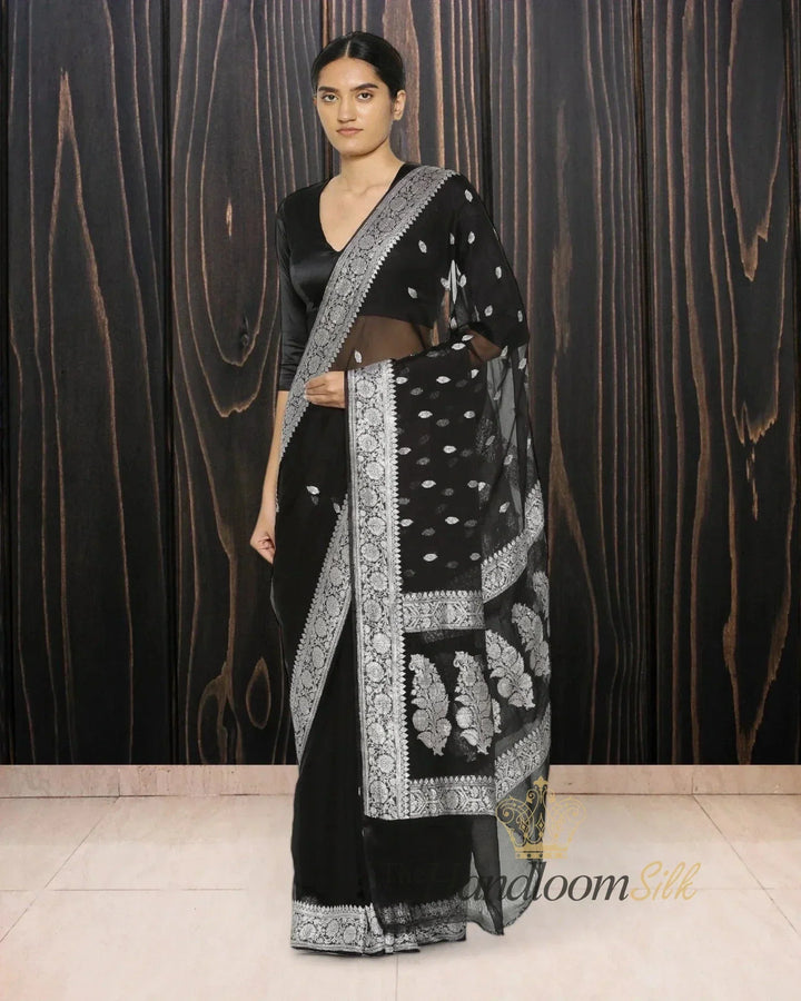 Black Georgette Handloom Saree - The Handloom Silk