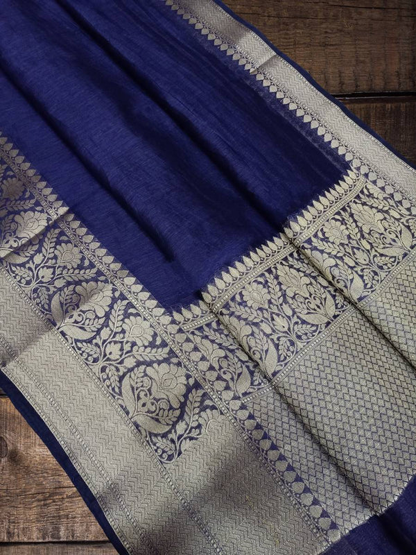 Navy Blue Pure Linen Banarasi Saree