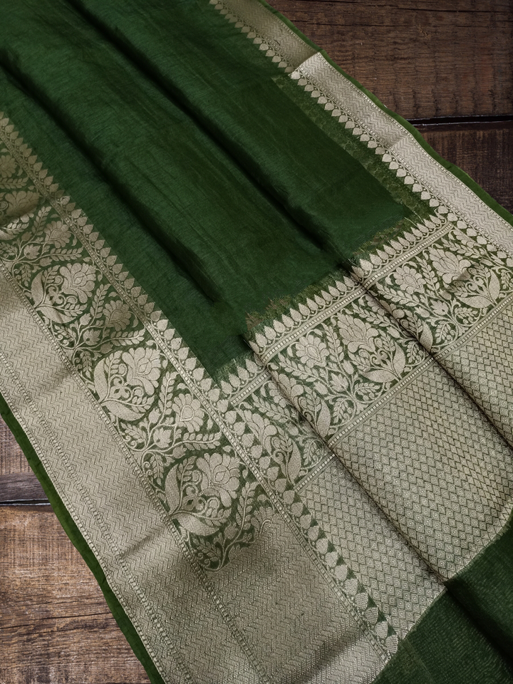 Basil Green Pure Linen Banarasi Saree