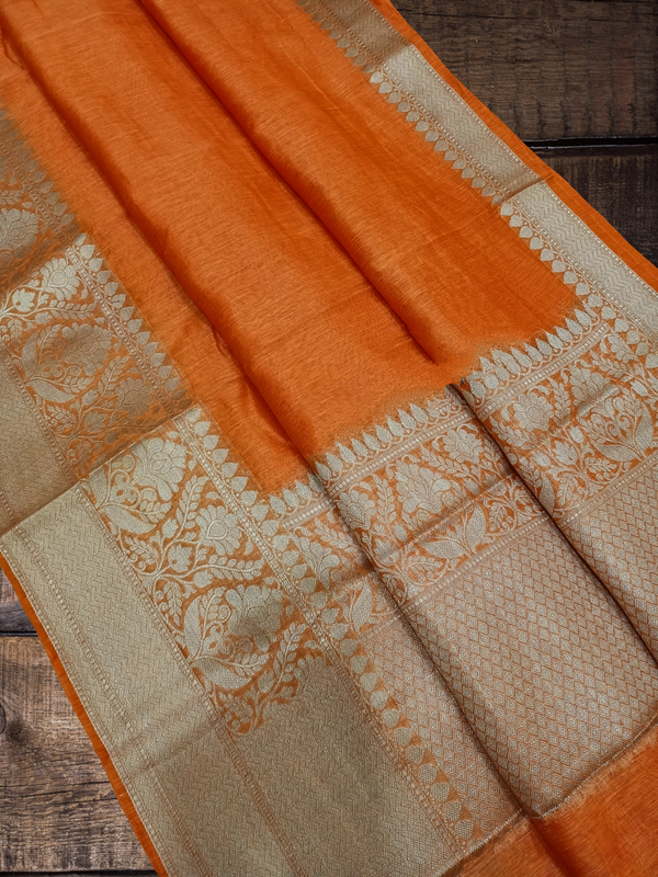 Orange Pure Linen Banarasi Saree