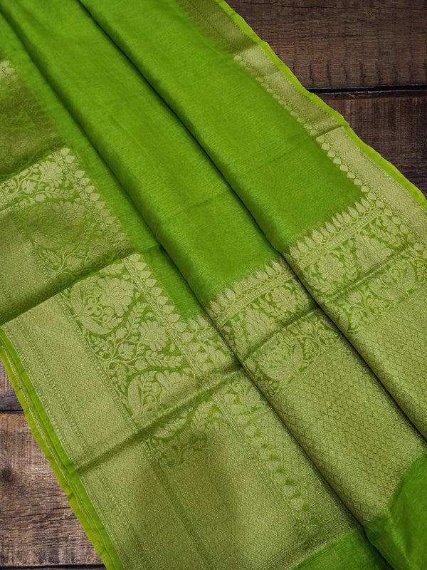 Parrot Green Pure Linen Banarasi Saree