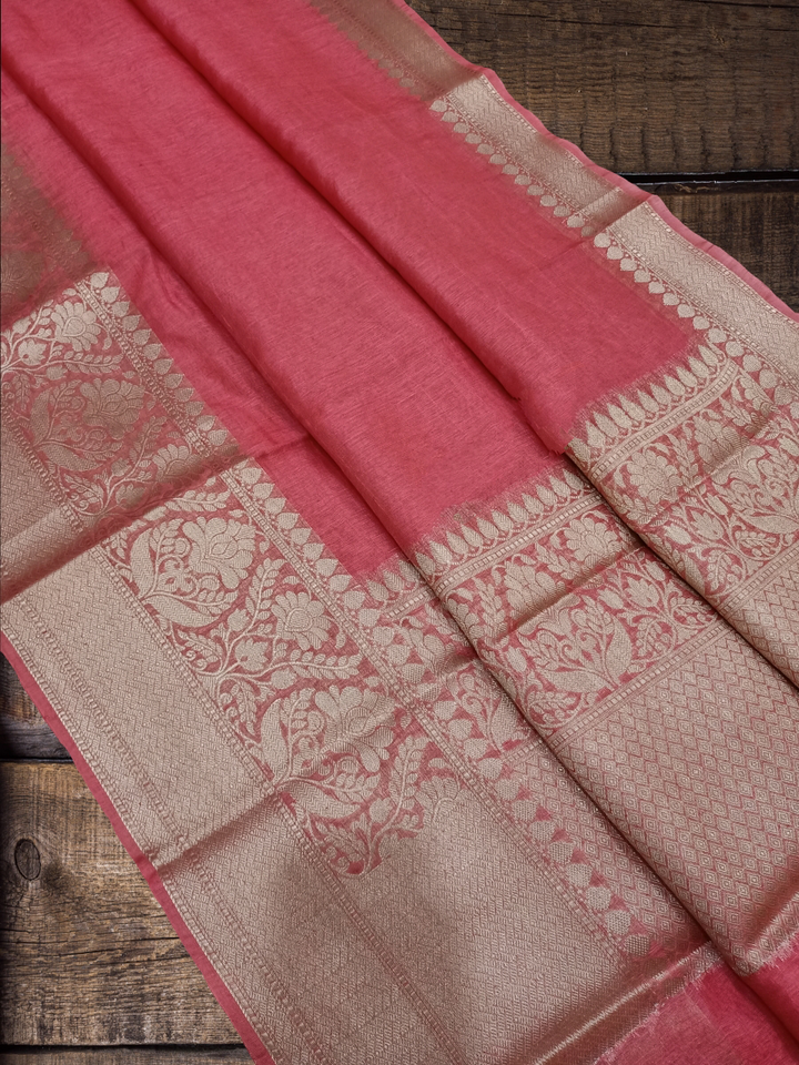 Strawberry Pure Linen Banarasi Saree