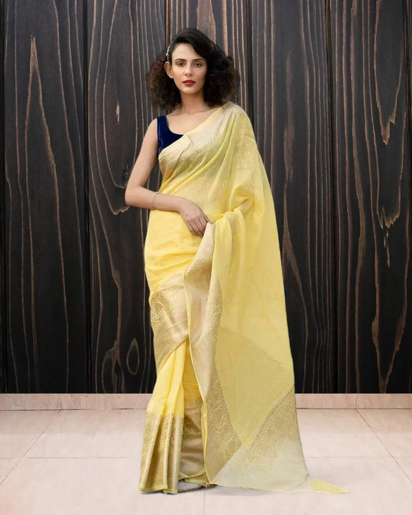 Lime Yellow Pure Linen Banarasi Saree - The Handloom Silk