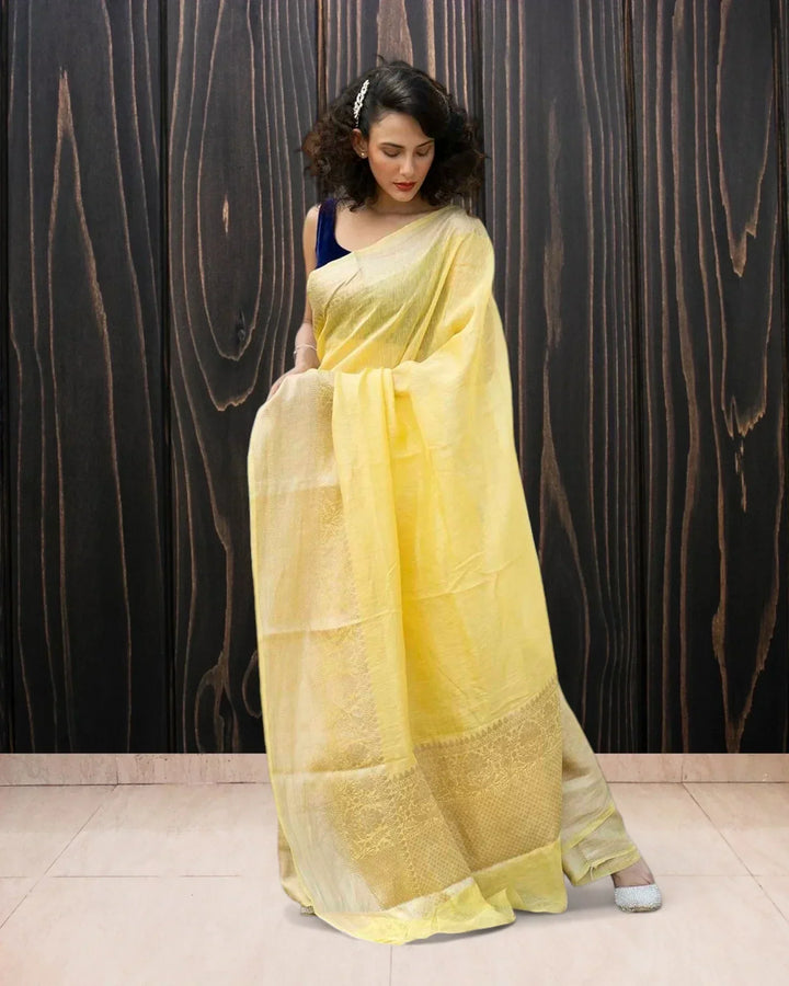 Lime Yellow Pure Linen Banarasi Saree - The Handloom Silk
