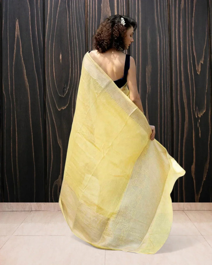Lime Yellow Pure Linen Banarasi Saree - The Handloom Silk