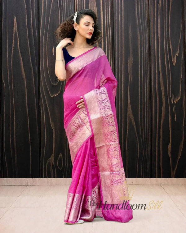 Magenta Pure Linen Banarasi Saree - The Handloom Silk