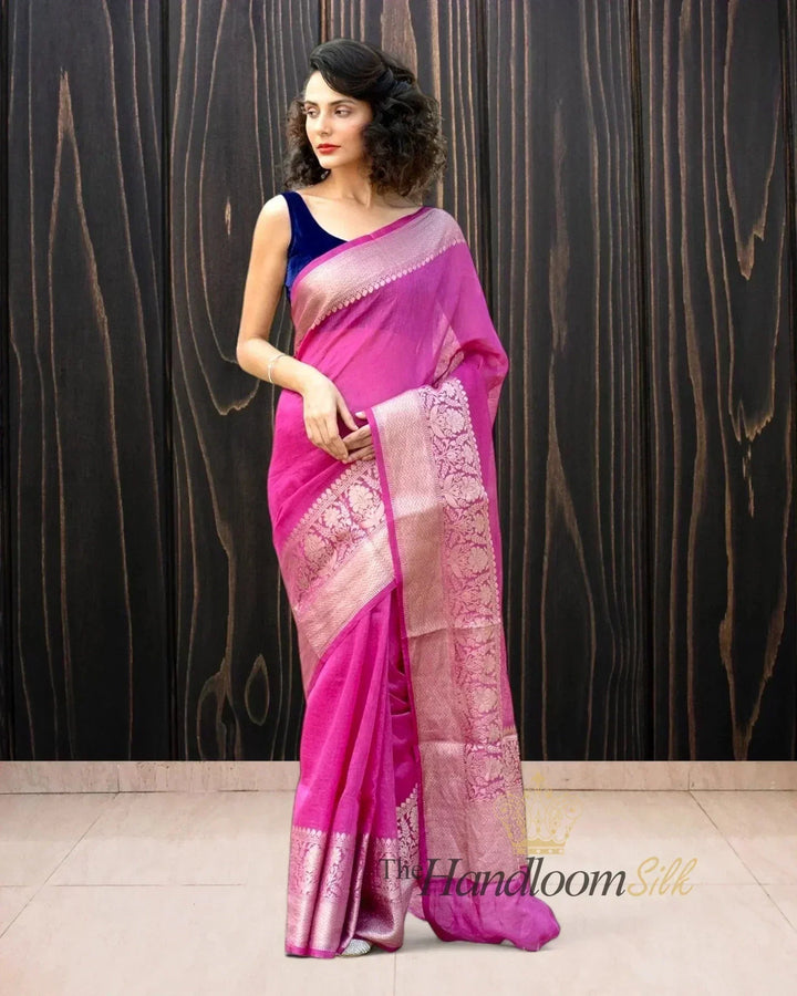 Magenta Pure Linen Banarasi Saree - The Handloom Silk