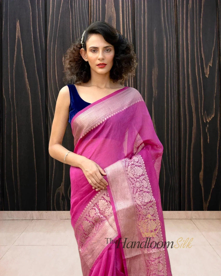 Magenta Pure Linen Banarasi Saree - The Handloom Silk
