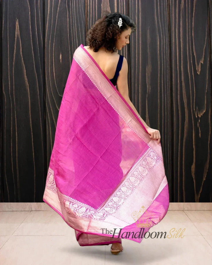 Magenta Pure Linen Banarasi Saree - The Handloom Silk