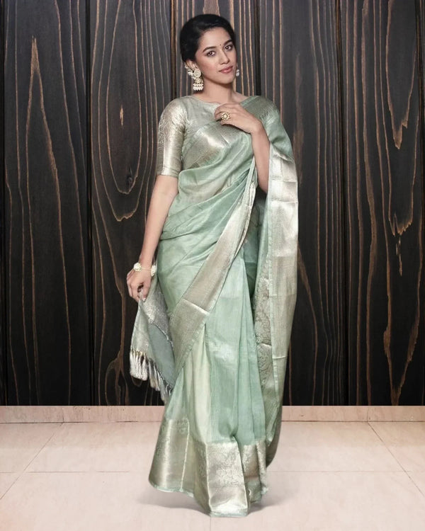 Mint Green Handloom Linen Saree - The Handloom Silk