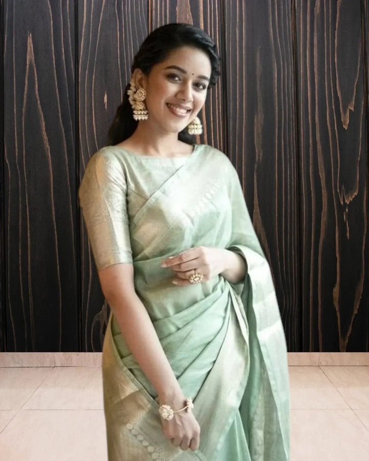 Mint Green Handloom Linen Saree - The Handloom Silk