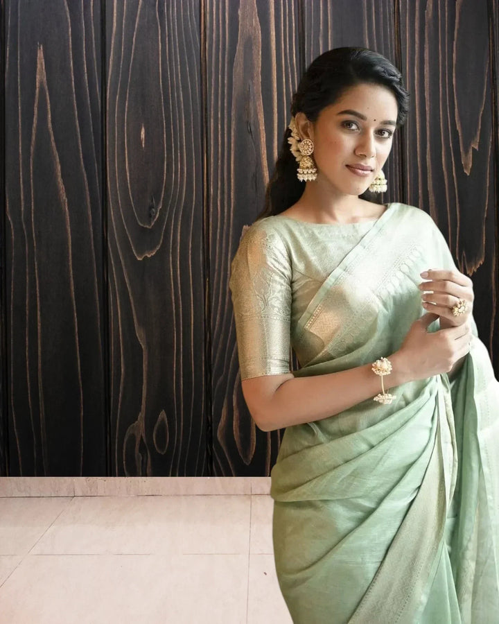 Mint Green Handloom Linen Saree - The Handloom Silk