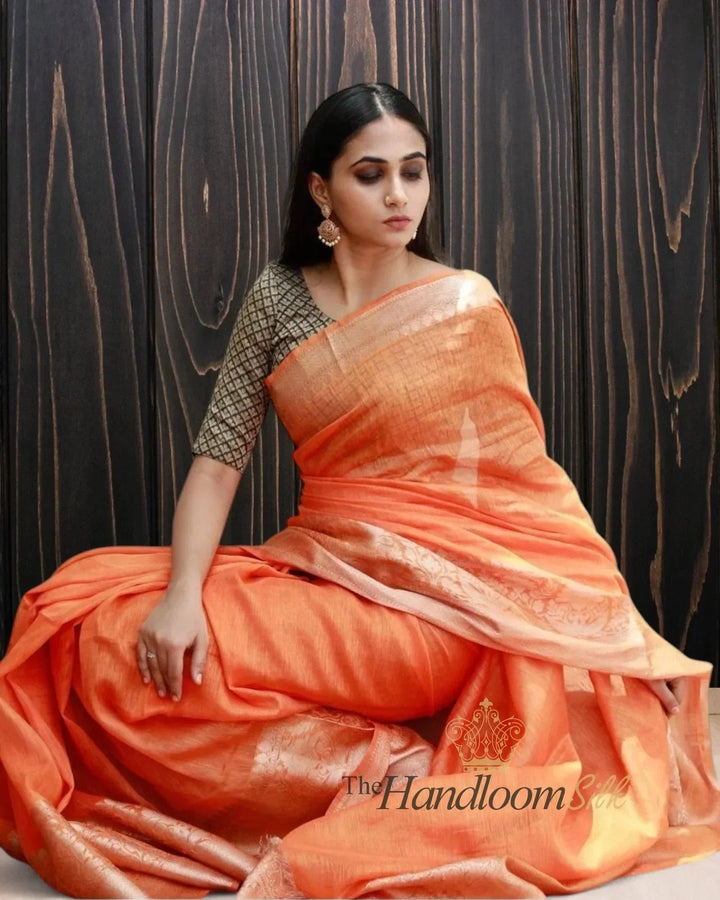 Peach Handloom Linen Saree - The Handloom Silk