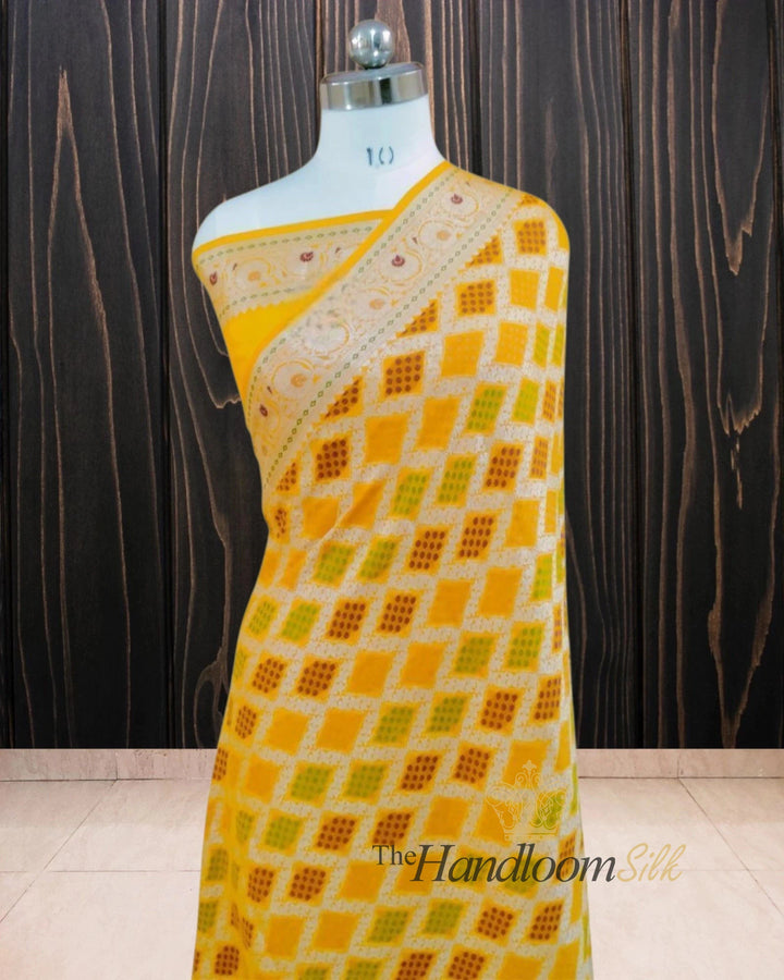 Yellow Pure Khaddi Chiffon Water Zari Multi Bhandej Banarasi Saree