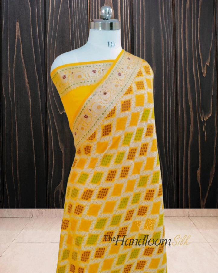 Yellow Pure Khaddi Chiffon Water Zari Multi Bhandej Banarasi Saree
