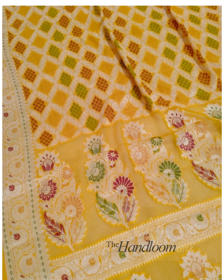 Yellow Pure Khaddi Chiffon Water Zari Multi Bhandej Banarasi Saree