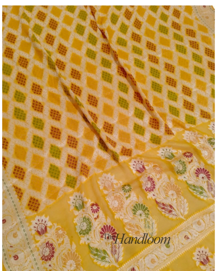 Yellow Pure Khaddi Chiffon Water Zari Multi Bhandej Banarasi Saree