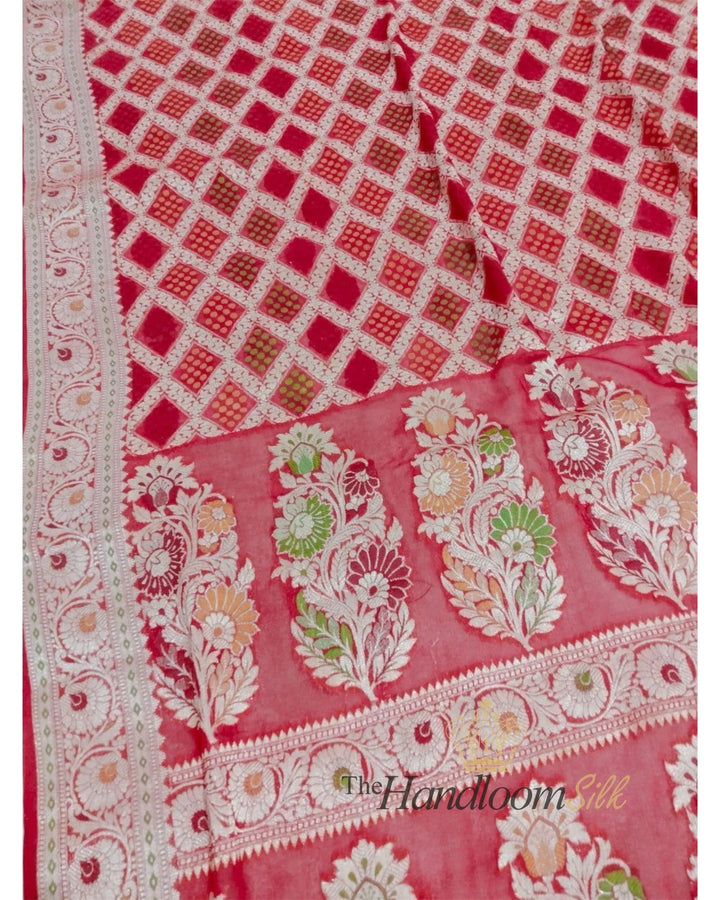 Red Pure Khaddi Chiffon Water Zari Multi Bhandej Banarasi Saree