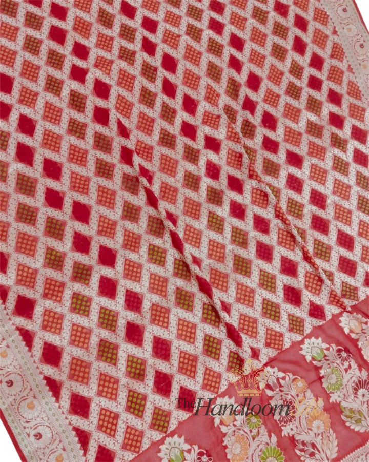 Red Pure Khaddi Chiffon Water Zari Multi Bhandej Banarasi Saree