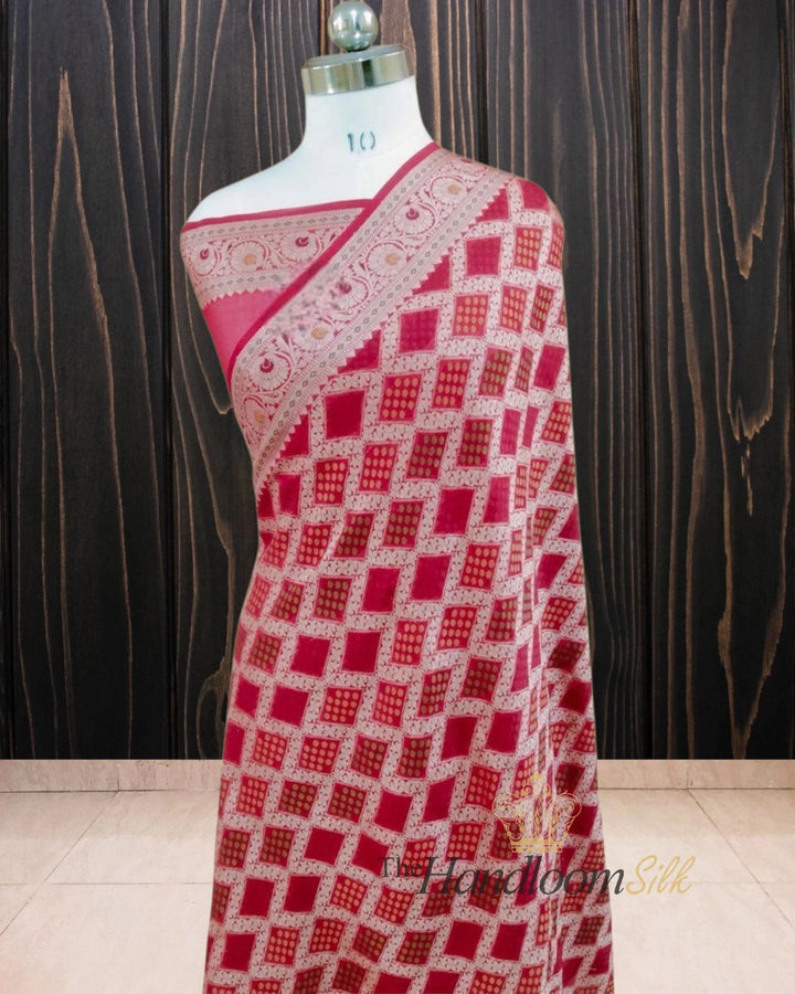 Red Pure Khaddi Chiffon Water Zari Multi Bhandej Banarasi Saree