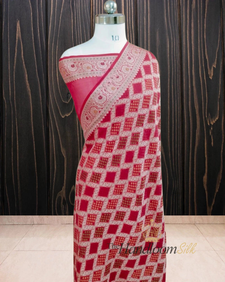 Red Pure Khaddi Chiffon Water Zari Multi Bhandej Banarasi Saree