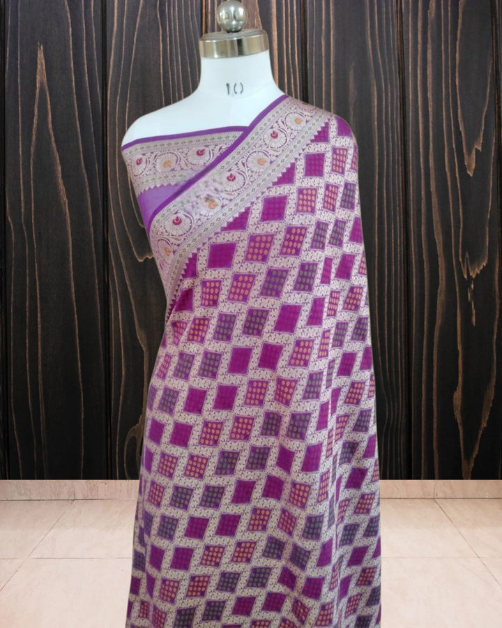 Purple Pure Khaddi Chiffon Water Zari Multi Bhandej Banarasi Saree