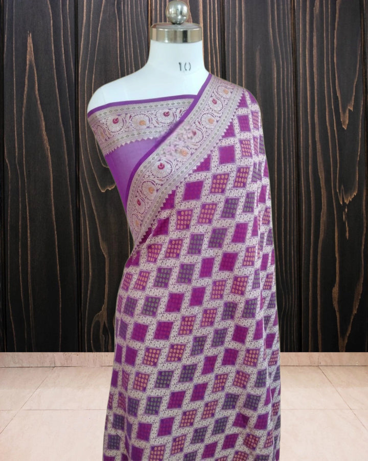 Purple Pure Khaddi Chiffon Water Zari Multi Bhandej Banarasi Saree