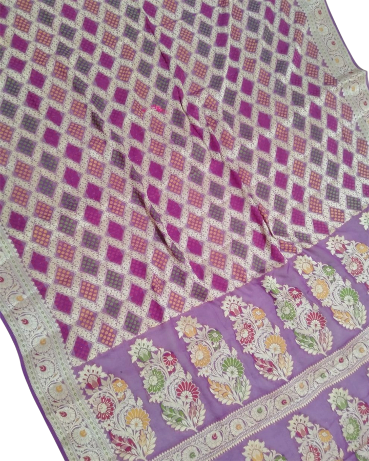 Purple Pure Khaddi Chiffon Water Zari Multi Bhandej Banarasi Saree