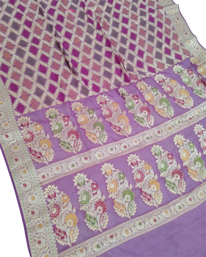Purple Pure Khaddi Chiffon Water Zari Multi Bhandej Banarasi Saree