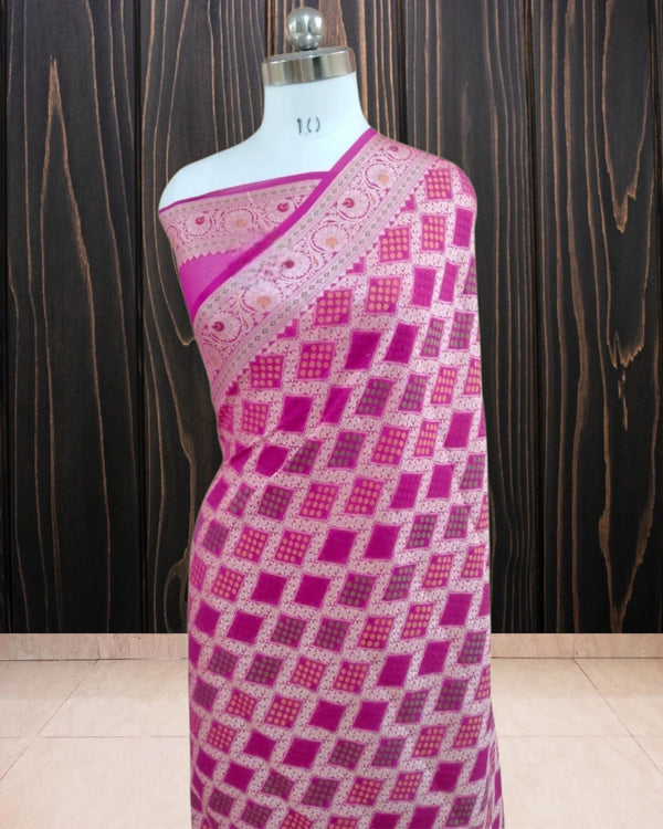 Pink Pure Khaddi Chiffon Water Zari Multi Bhandej Banarasi Saree