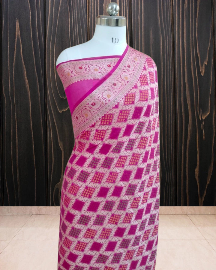 Pink Pure Khaddi Chiffon Water Zari Multi Bhandej Banarasi Saree