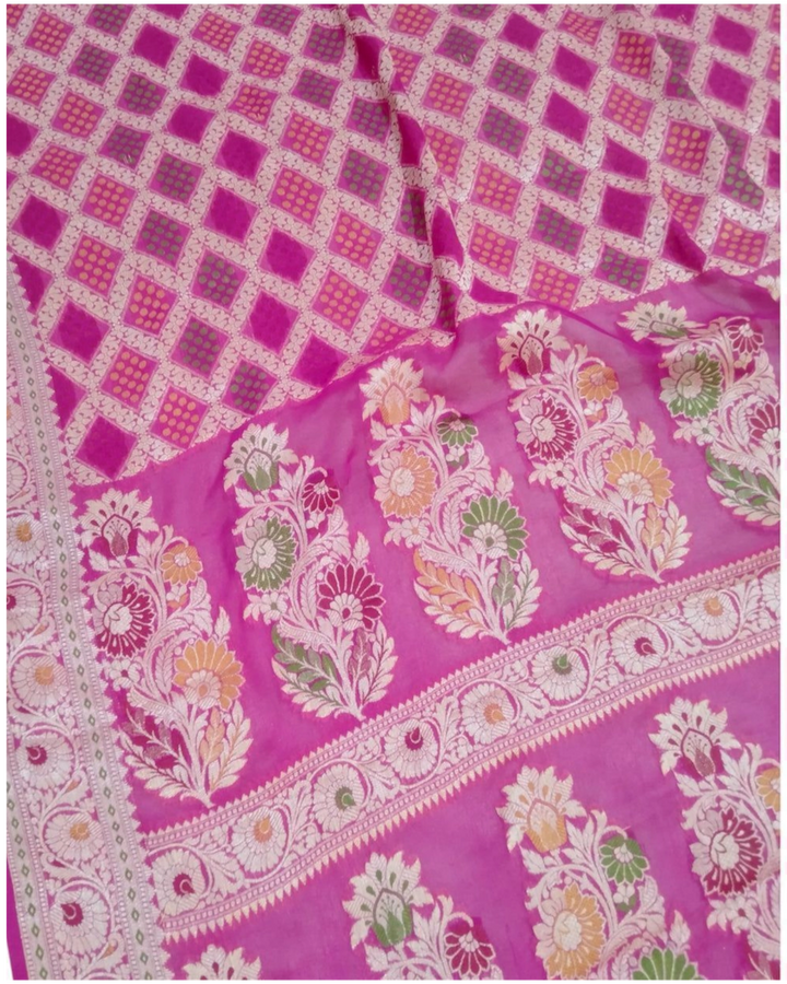 Pink Pure Khaddi Chiffon Water Zari Multi Bhandej Banarasi Saree