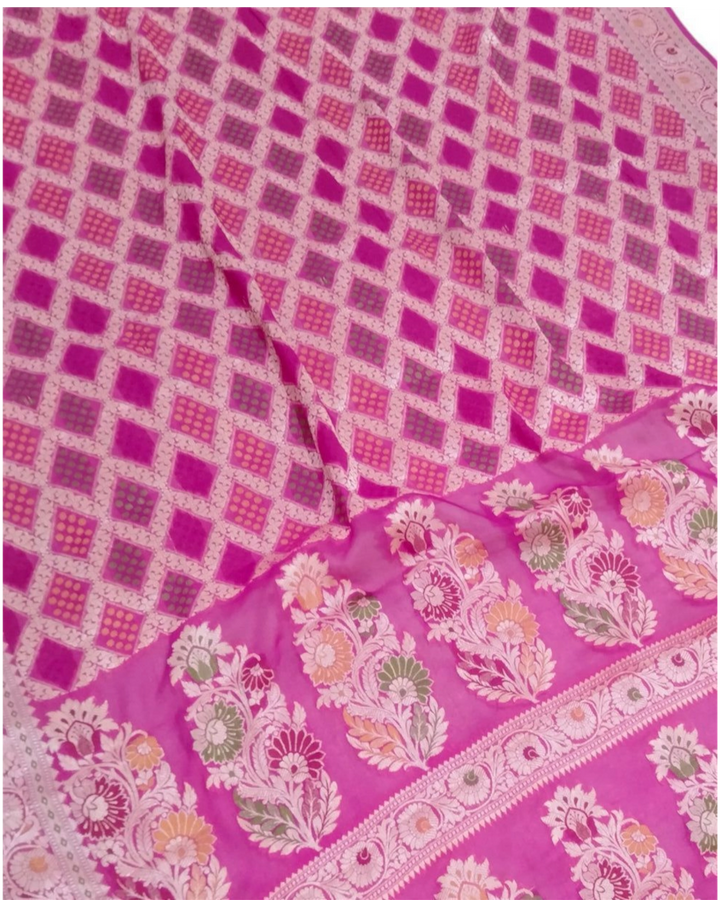 Pink Pure Khaddi Chiffon Water Zari Multi Bhandej Banarasi Saree
