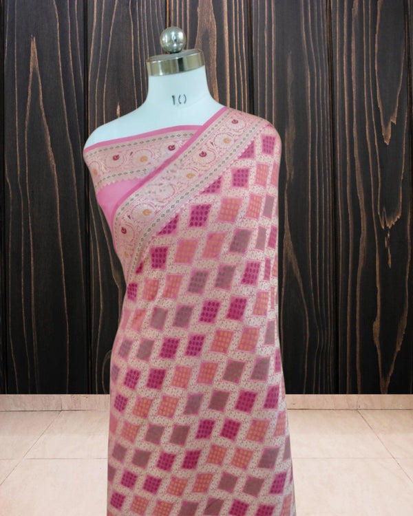 Peach Pure Khaddi Chiffon Water Zari Multi Bhandej Banarasi Saree
