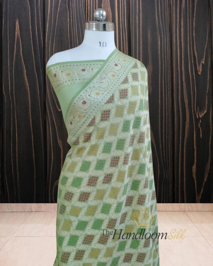 Pista Green Pure Khaddi Chiffon Water Zari Multi Bhandej Banarasi Saree