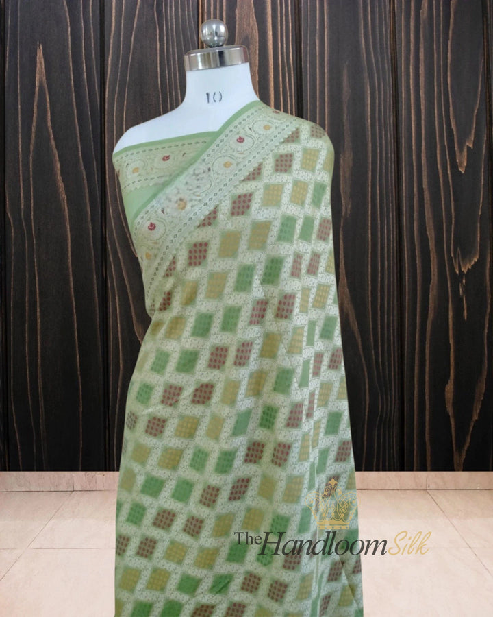 Pista Green Pure Khaddi Chiffon Water Zari Multi Bhandej Banarasi Saree