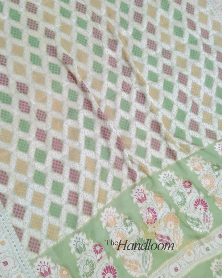 Pista Green Pure Khaddi Chiffon Water Zari Multi Bhandej Banarasi Saree