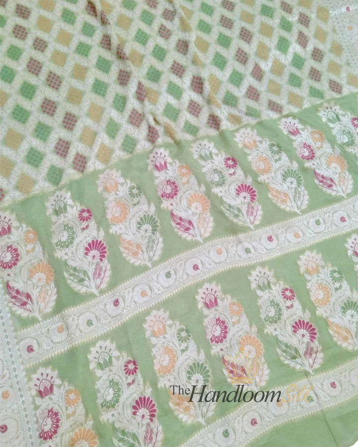 Pista Green Pure Khaddi Chiffon Water Zari Multi Bhandej Banarasi Saree