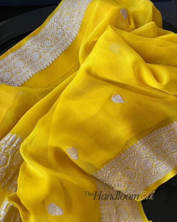 Yellow Pure Georgette Silver Zari Banarasi Saree