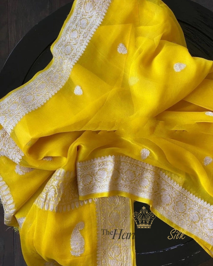 Yellow Pure Georgette Silver Zari Banarasi Saree