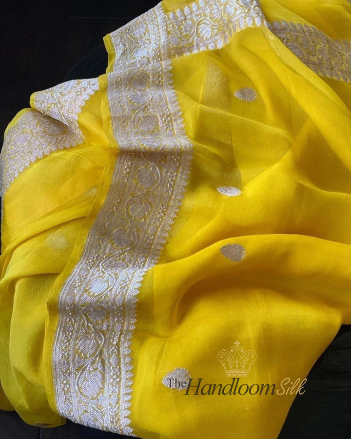 Yellow Pure Georgette Silver Zari Banarasi Saree