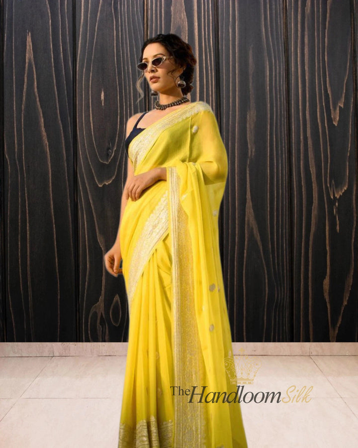 Yellow Pure Georgette Silver Zari Banarasi Saree