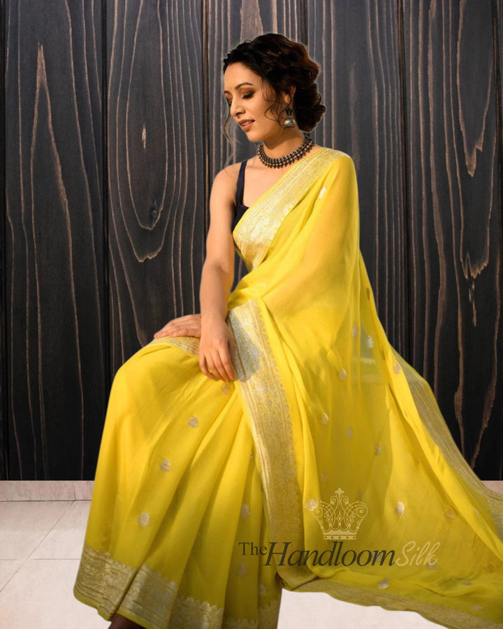 Yellow Pure Georgette Silver Zari Banarasi Saree